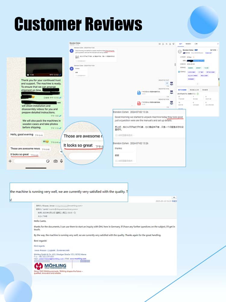 Customer testimonials praising the dual-side labeling machine