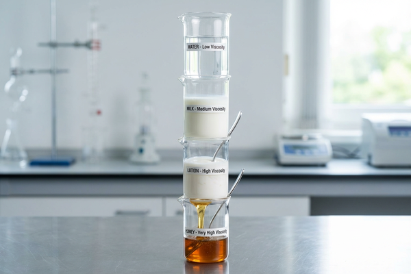 Different types of liquids from water to thick cream in beakers