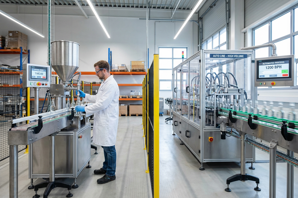 A semi-automatic filling machine with an operator next to a fully automatic filling line
