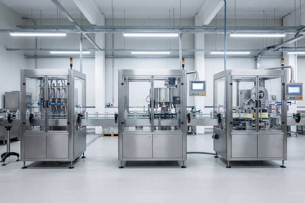 A modular production line showing a filler, capper, and labeler connected