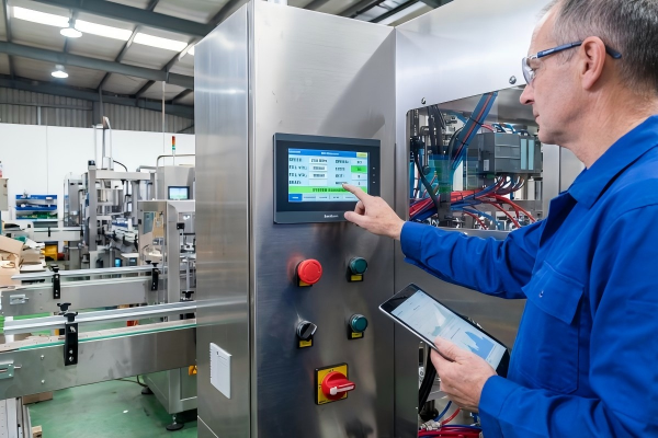 A close-up of a PLC and servo motor inside a filling machine.