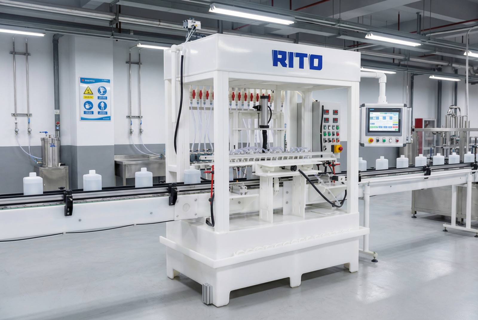 A fully automated corrosive liquid bottling line