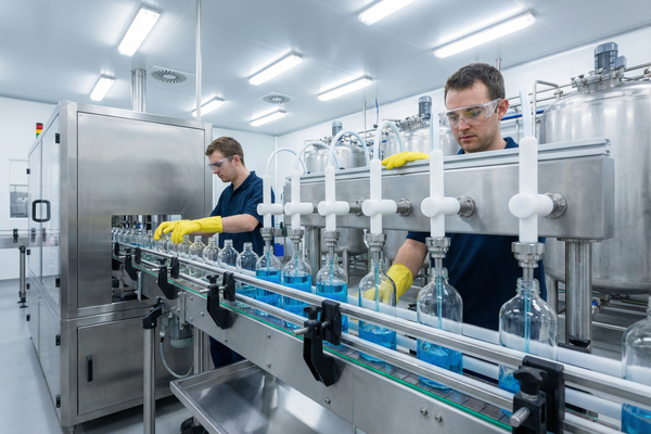 A corrosion-resistant liquid filling machine in a clean factory setting
