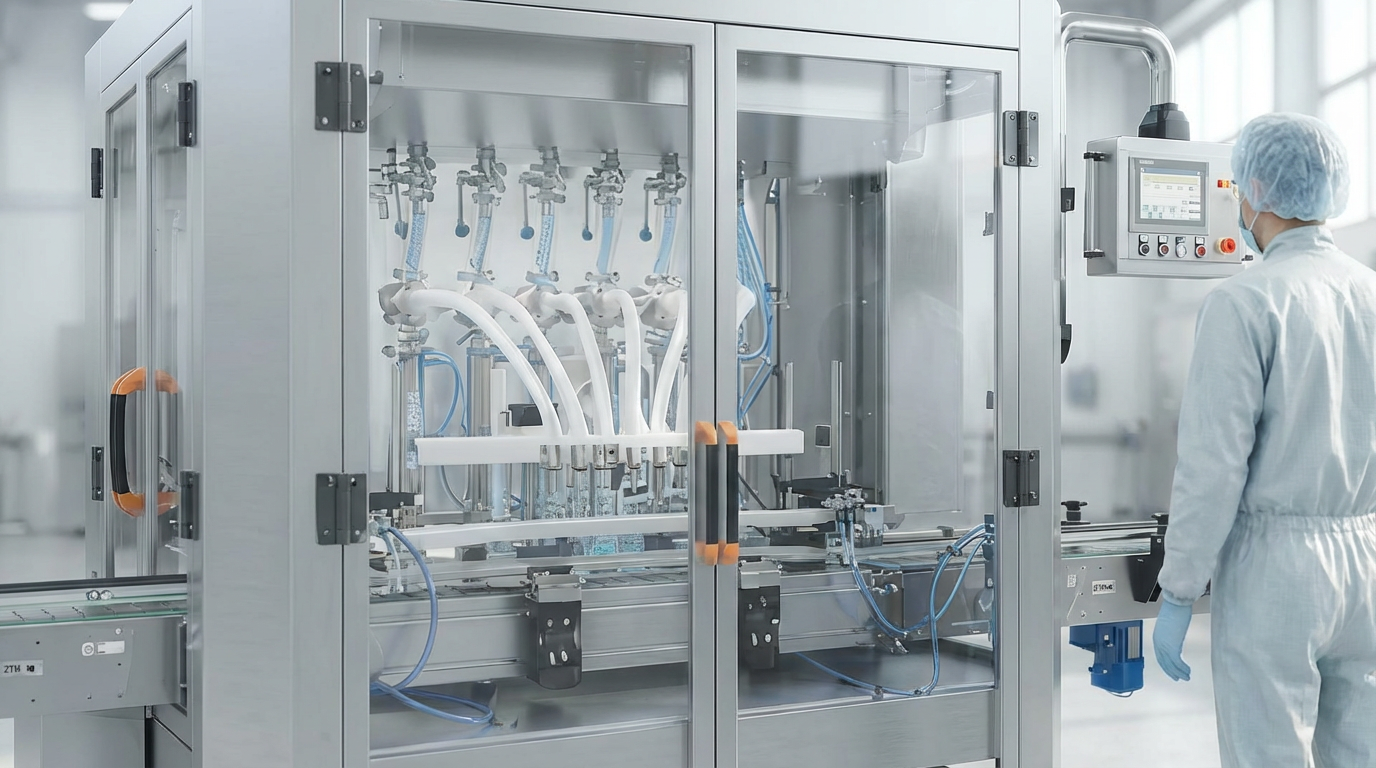 An automatic liquid filling machine in a clean factory setting