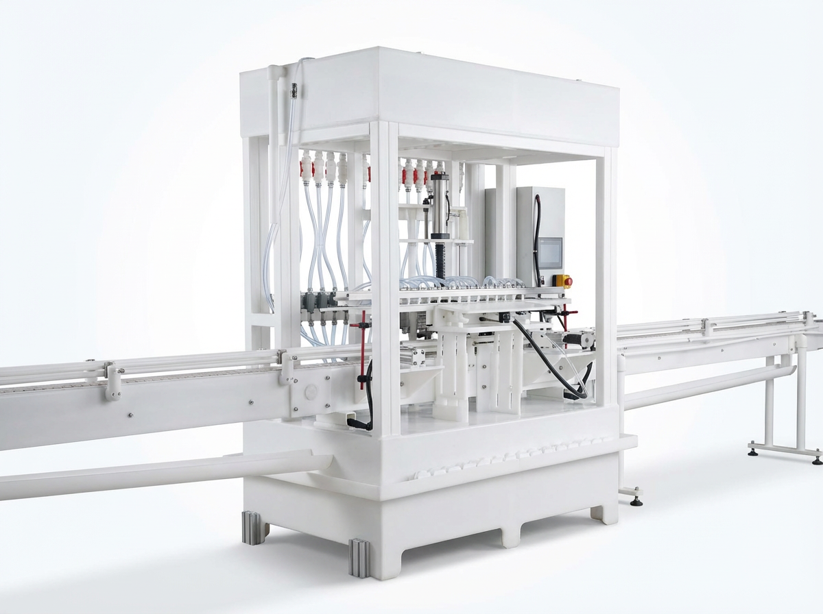 A fully automated corrosive liquid bottling line
