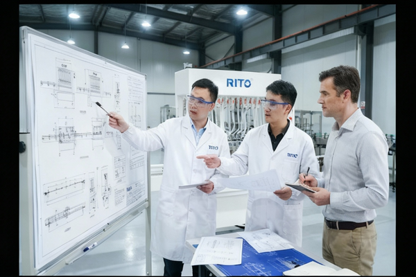 Engineers discussing machine customization with a client