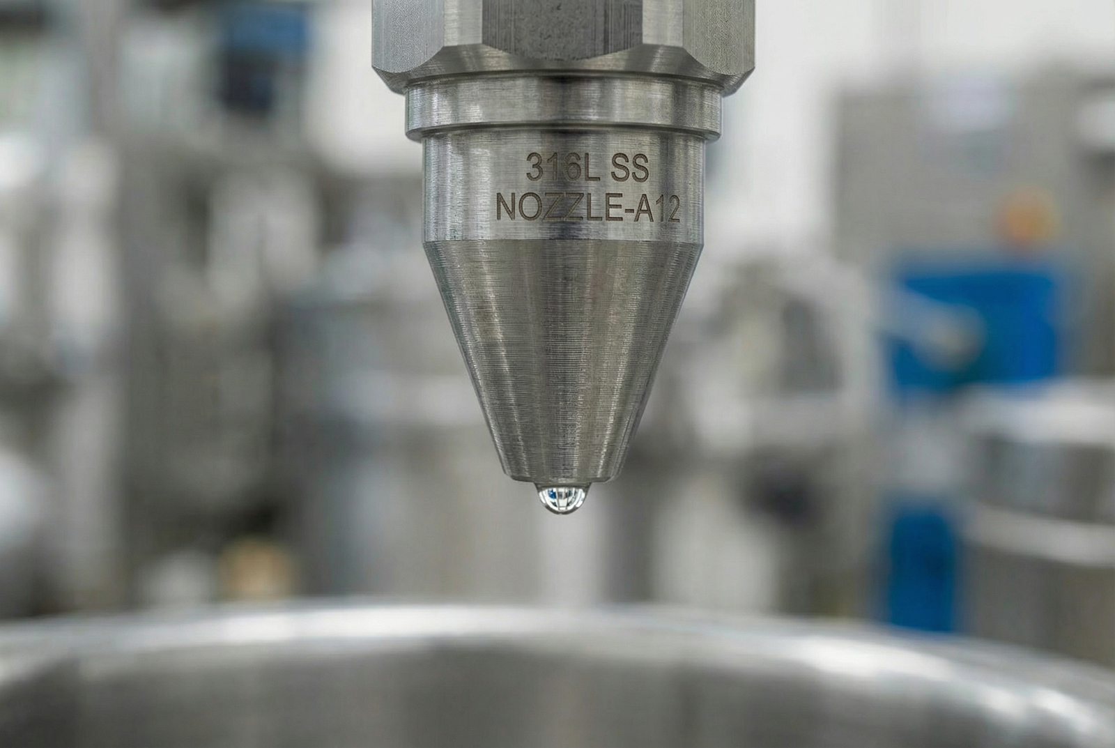 Close-up of a 316L stainless steel filling nozzle