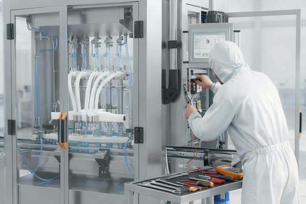 A technician performing maintenance on a filling machine