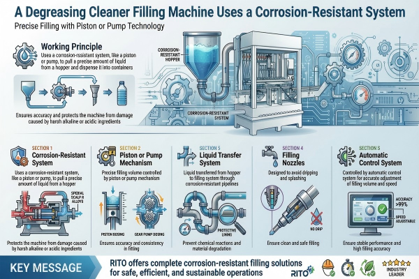 A degreasing cleaner liquid filling machine in operation