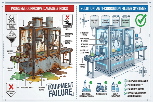 A close-up of a corrosion-resistant nozzle on a filling machine