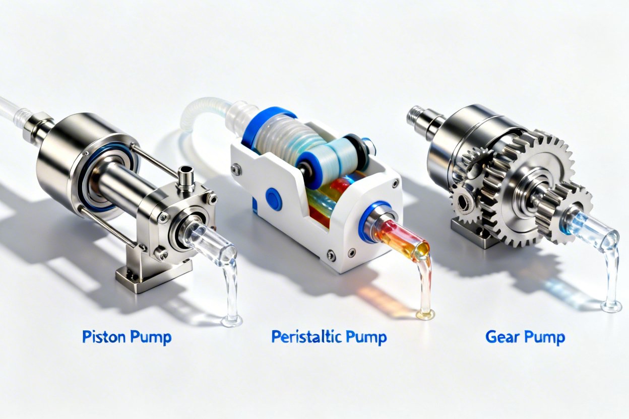 A close-up of different pump heads for filling machines