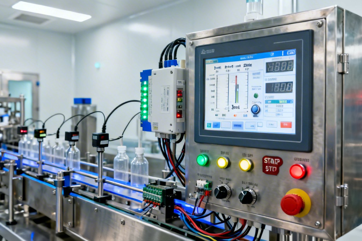 A control panel and sensor on a filling line