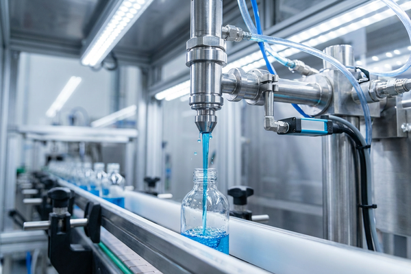A close-up of a liquid filling machine nozzle dispensing blue liquid into a clear bottle