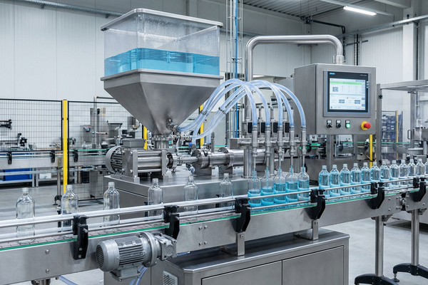 Diagram showing the main components of a liquid filling machine