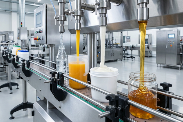 A collage of different products being filled, from water to cream to honey