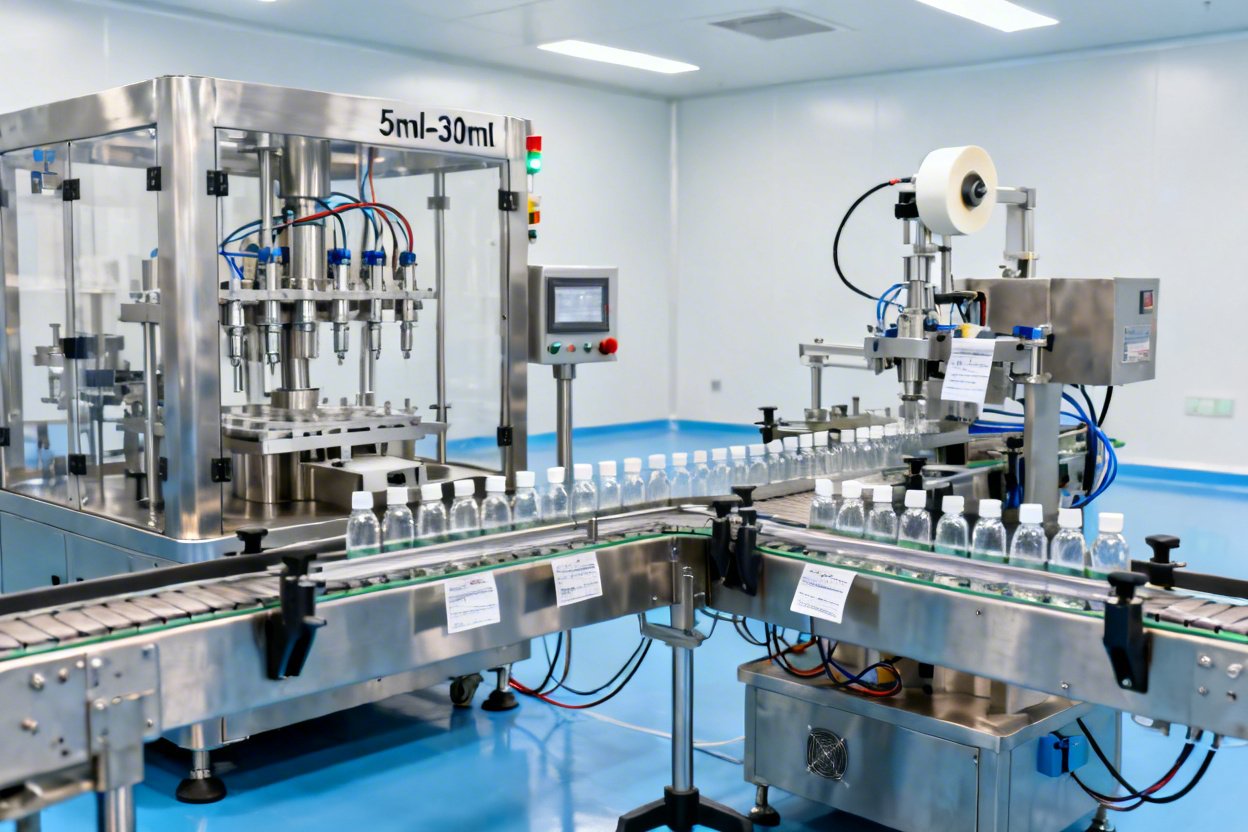 A complete filling, capping, and labeling line for small bottles