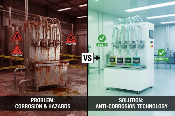 An anti-corrosion filling machine made of white plastic safely filling bottles with a clear liquid.