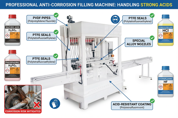 Close-up of a specialized non-metallic filling nozzle on a production line.
