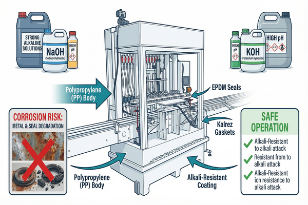 A filling machine designed for alkaline liquids operating in a clean factory setting.