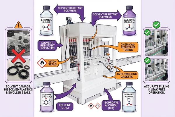 A filling machine handling solvents in a pharmaceutical or cosmetics facility.
