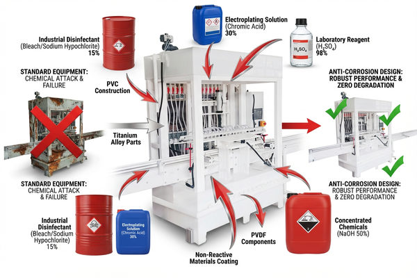 A heavy-duty filling machine for industrial chemical reagents with safety features.