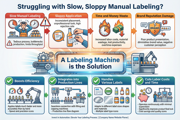 A labeling machine applying labels to bottles on a conveyor belt