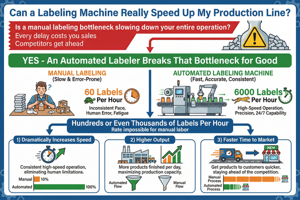 A close-up of a high-speed labeling machine in action