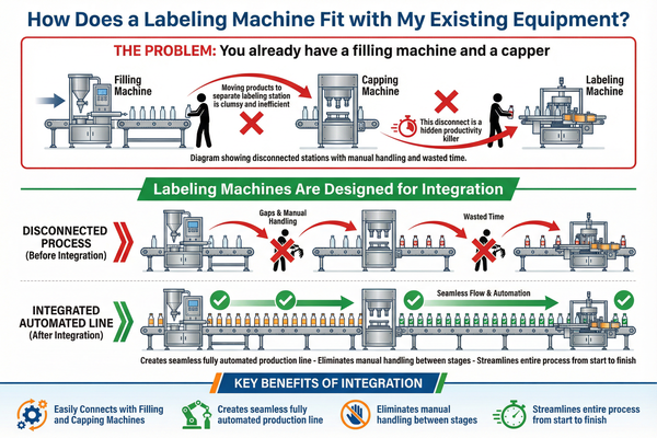 An integrated production line with a filler, capper, and labeler