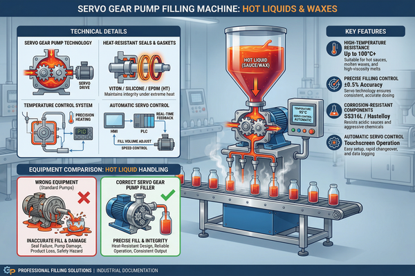 A servo gear pump liquid filling machine filling hot sauce into bottles.