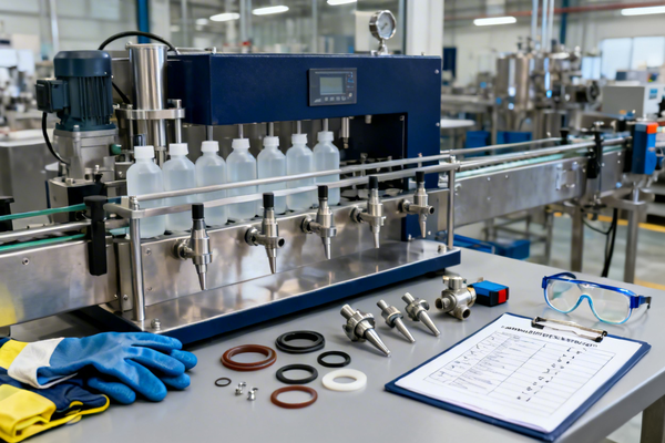 A technician inspecting the seals and valves of a filling machine