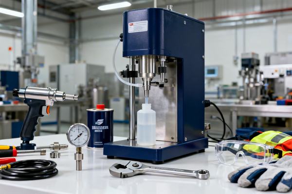 A worker calibrating a weighing liquid filling system for accuracy