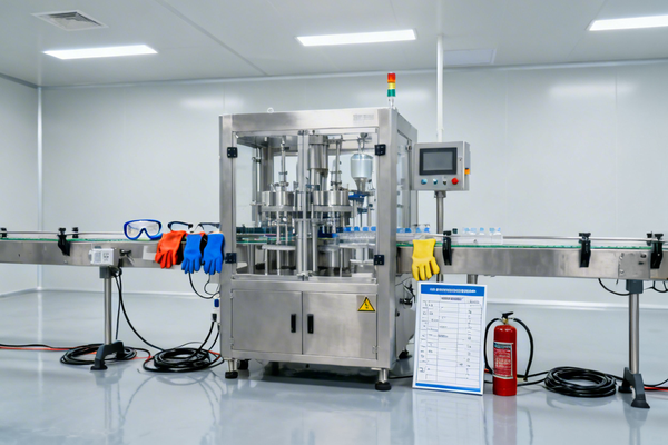 A filling machine operating in a clean, dry, and well-lit factory environment