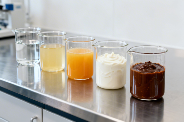 Different types of liquids in beakers, showing viscosity