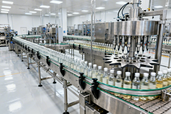 A high-speed automatic filling line in operation