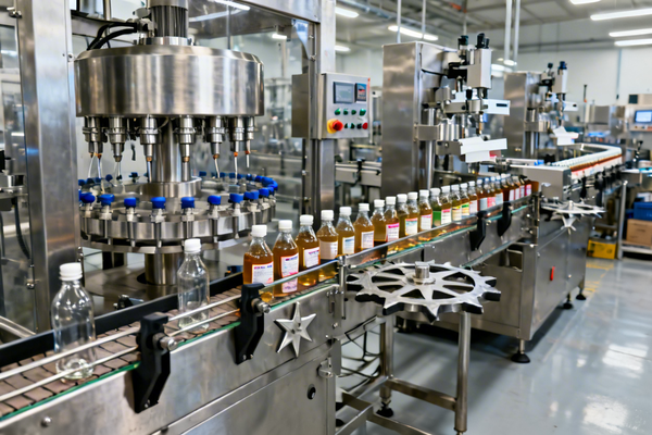 A complete packaging line with filler, capper, and labeler