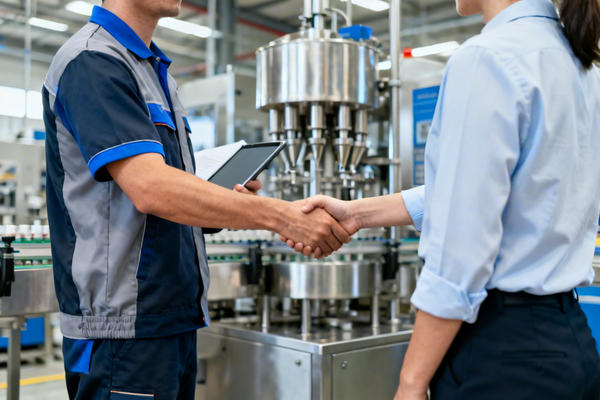 A friendly technician shaking hands with a factory manager