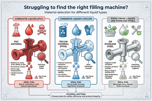 A close-up of a stainless steel filling machine nozzle dispensing liquid into a bottle.