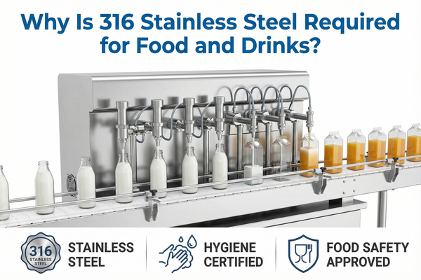 A shiny, clean 316 stainless steel filling line for juice bottles.