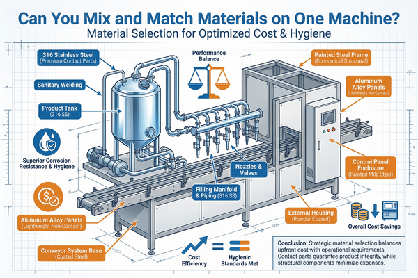 A filling machine showing different materials for the frame and the filling nozzles.