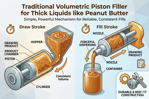 A volumetric piston filling machine
