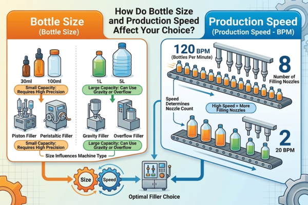An inline filling machine with multiple nozzles filling bottles on a conveyor