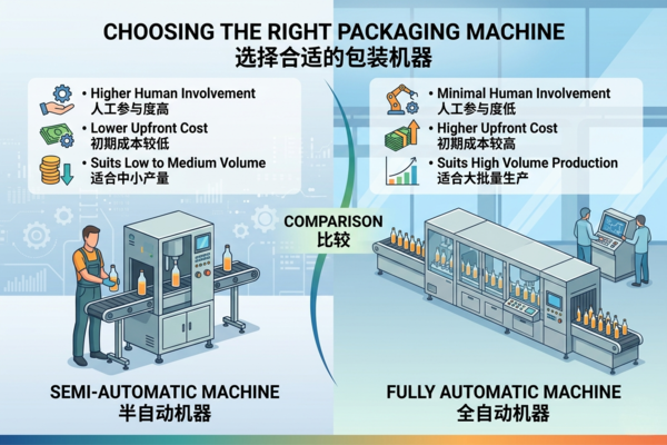 A semi-automatic filling machine with an operator placing bottles