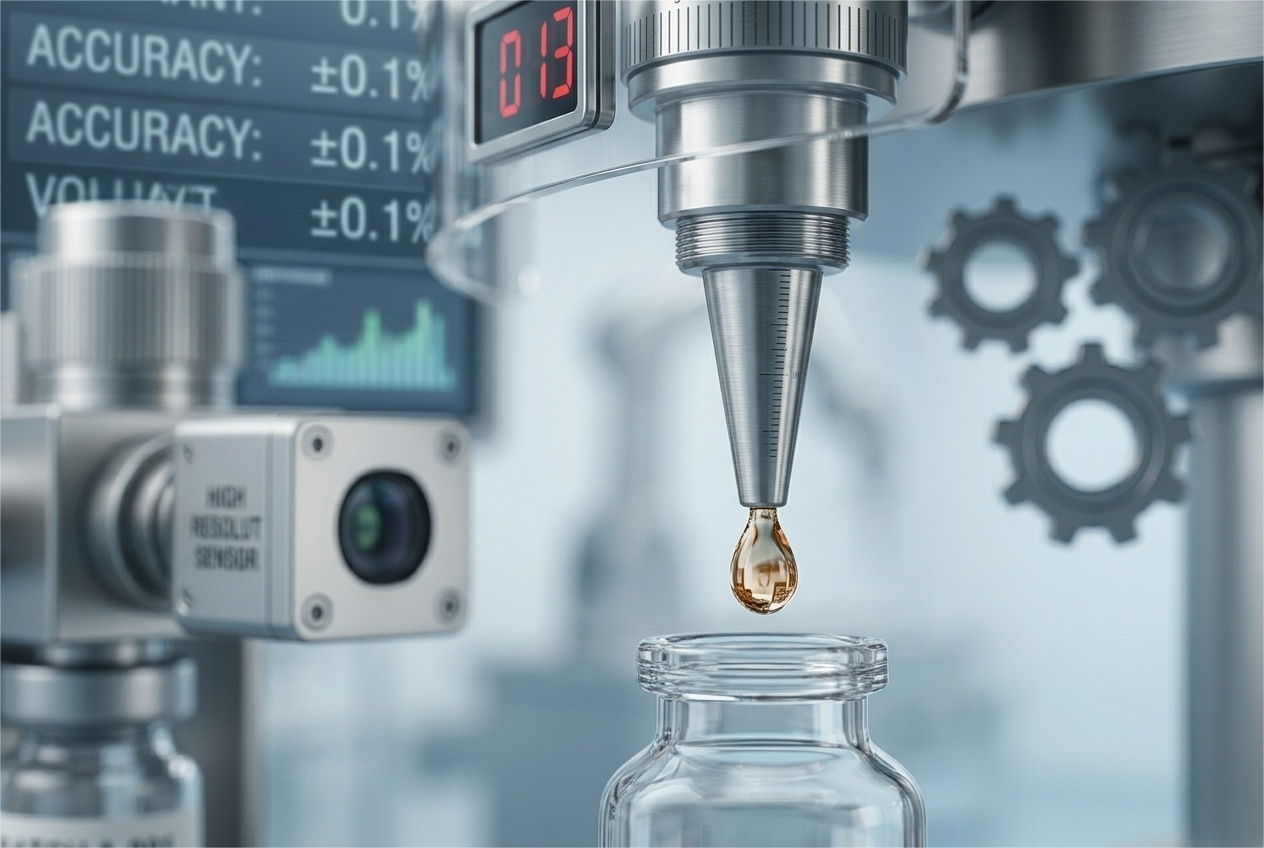 A close-up of a liquid filling machine nozzle dispensing blue liquid into clear bottles