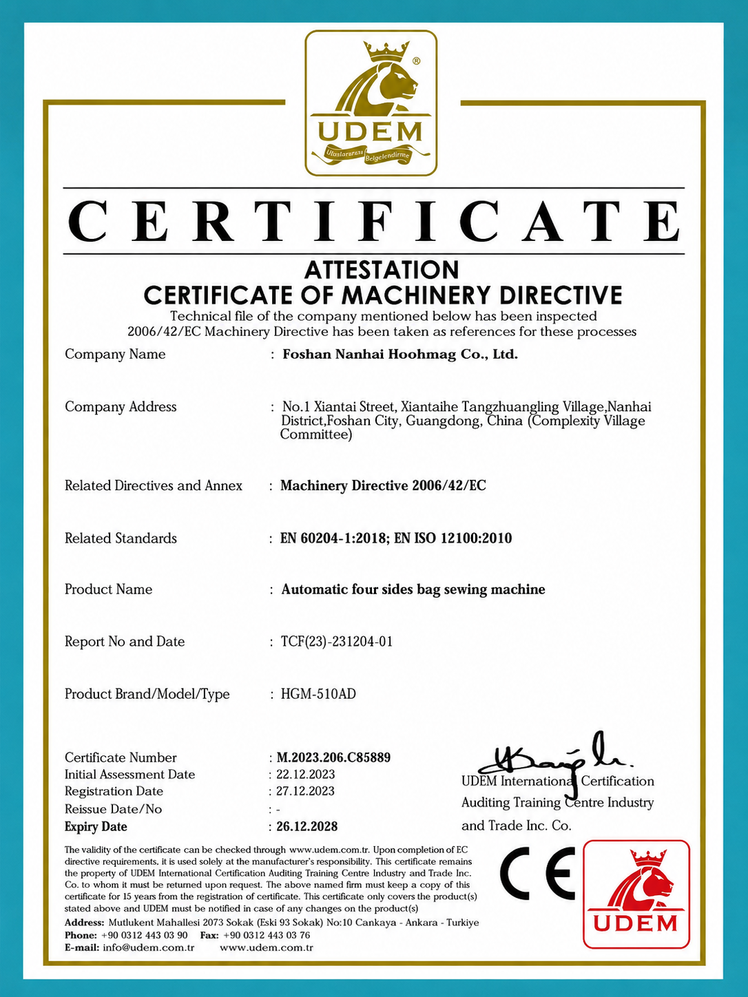 Equipment compliance certificate