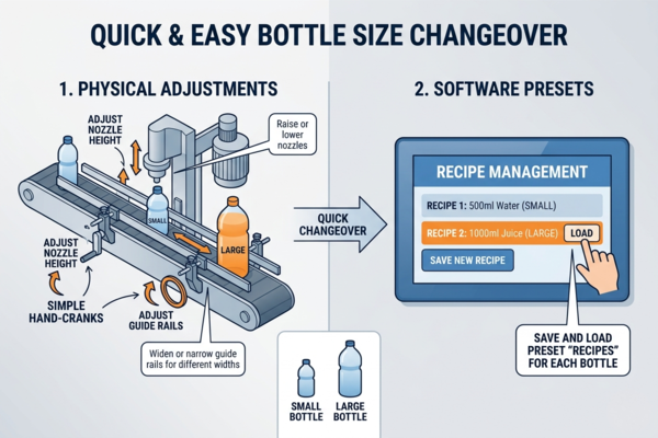 Different sizes of bottles lined up in front of a liquid filling machine.