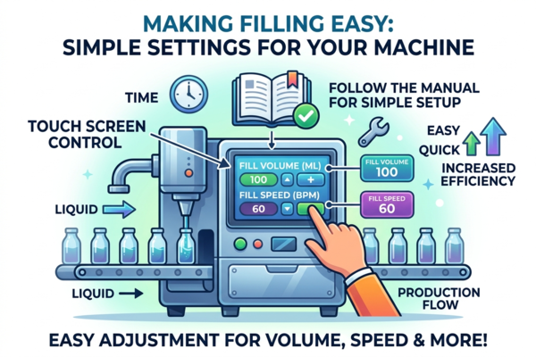 A user adjusting settings on the touch screen of an automatic flow liquid filling machine.