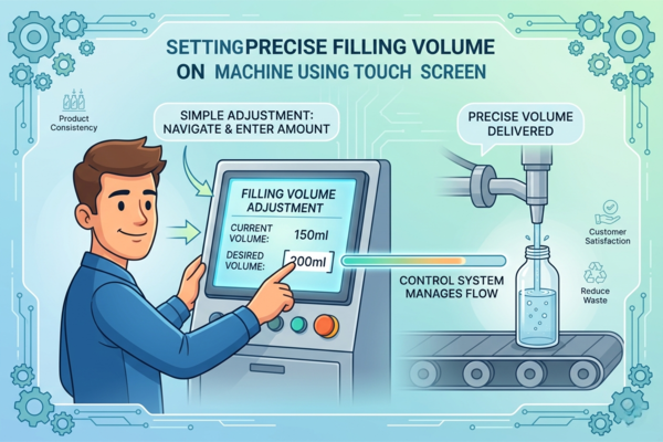 Close-up of the volume setting menu on a filling machine's touch screen.