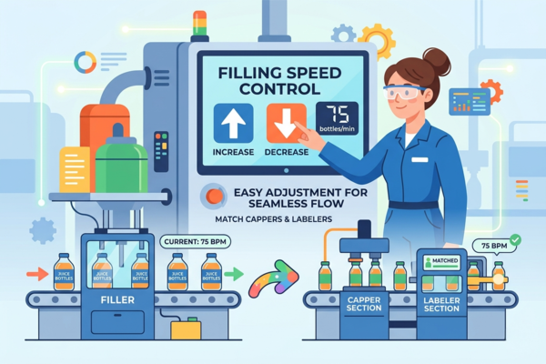 A production line with a filling machine, capper, and labeler working in sync.