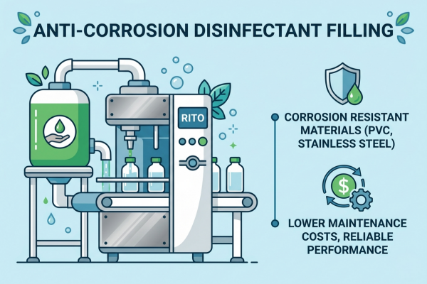 A shiny, stainless steel anti-corrosion filling machine for disinfectants