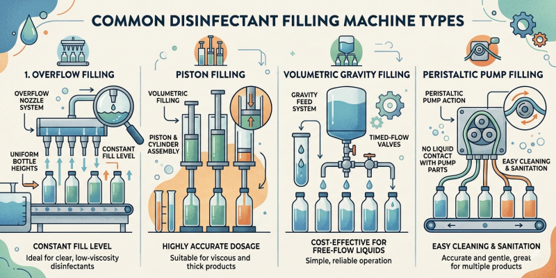 What types of filling machines are commonly used for disinfectant filling?